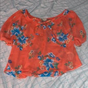 - Sheer peach colored top with blue floral print